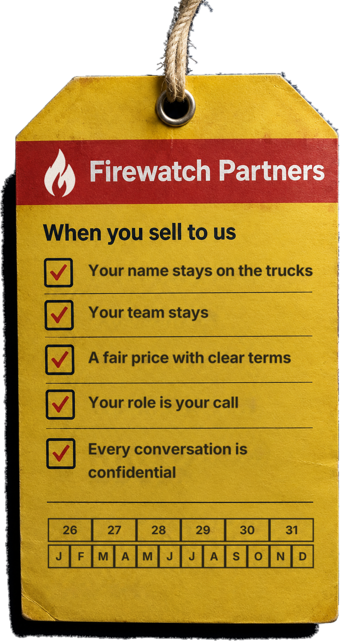 Yellow inspection tag from Firewatch Partners. When you sell to us: your name stays on the trucks; your team stays; a fair price with clear terms; your role is your call; every conversation is confidential.